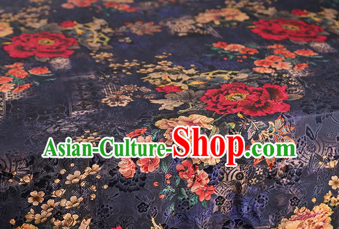 Chinese Traditional Gambiered Guangdong Gauze Classical Peony Pattern Brocade Fabric Cheongsam Printing Navy Silk Drapery