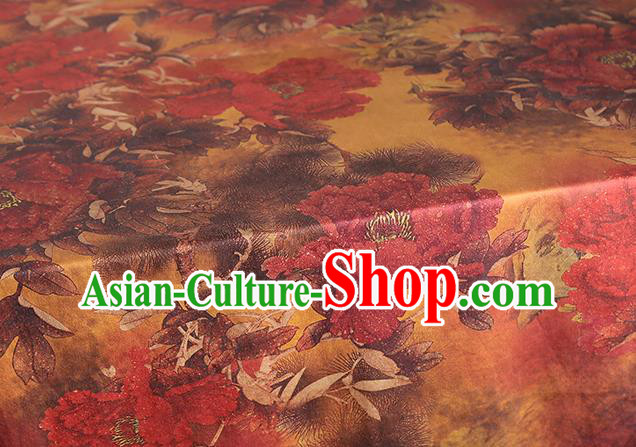 Chinese Cheongsam Silk Drapery Traditional Gambiered Guangdong Gauze Cloth Classical Peony Pattern Orange Brocade Fabric