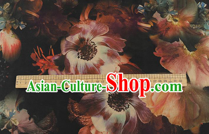 Chinese Traditional Black Brocade Drapery Cheongsam Gambiered Guangdong Gauze Classical Lotus Pattern Silk Fabric