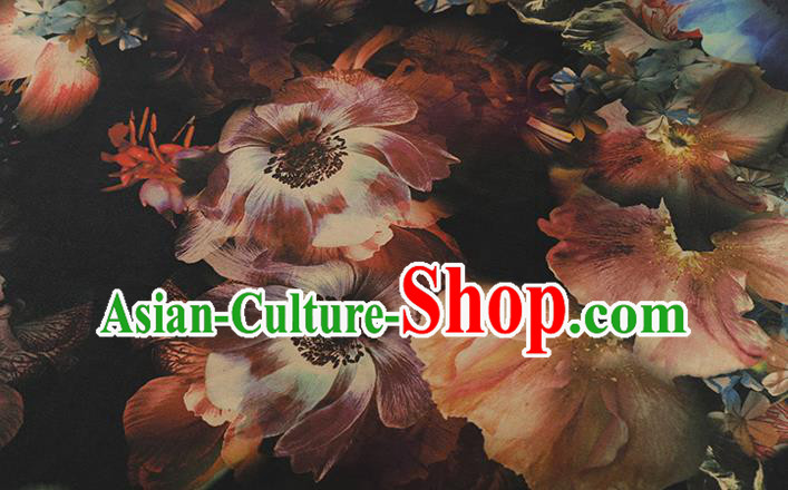 Chinese Traditional Black Brocade Drapery Cheongsam Gambiered Guangdong Gauze Classical Lotus Pattern Silk Fabric