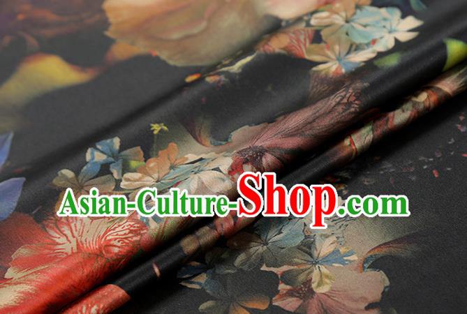 Chinese Traditional Black Brocade Drapery Cheongsam Gambiered Guangdong Gauze Classical Lotus Pattern Silk Fabric