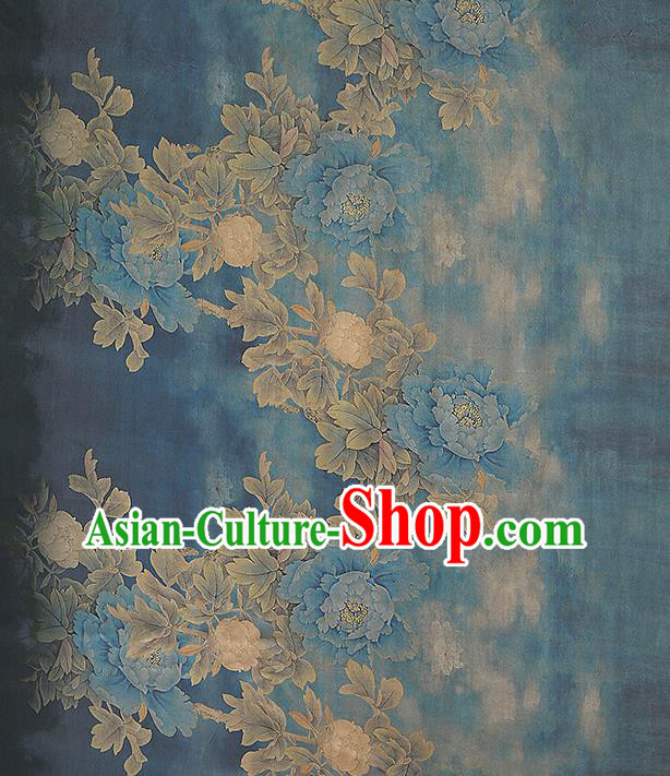 Chinese Traditional Silk Drapery Classical Peony Pattern Blue Brocade Cheongsam Gambiered Guangdong Gauze Fabric