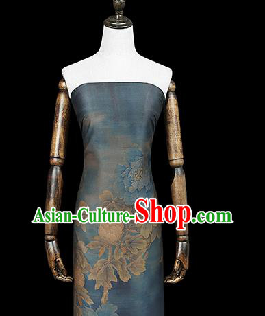 Chinese Traditional Silk Drapery Classical Peony Pattern Blue Brocade Cheongsam Gambiered Guangdong Gauze Fabric