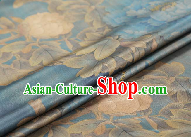 Chinese Traditional Silk Drapery Classical Peony Pattern Blue Brocade Cheongsam Gambiered Guangdong Gauze Fabric