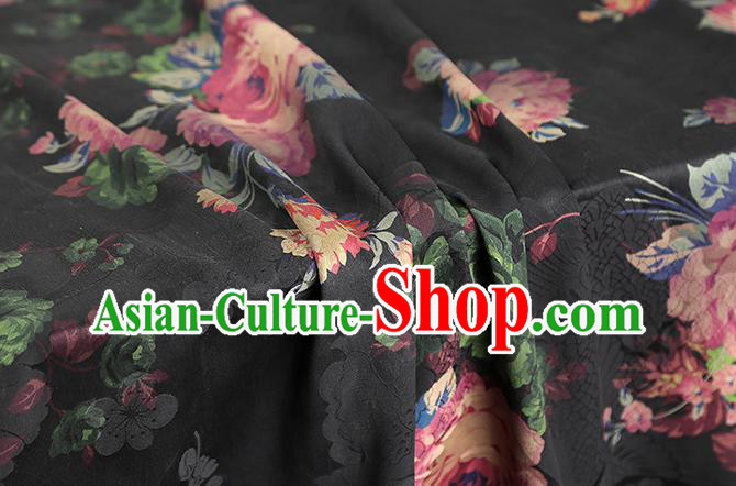 Chinese Classical Roses Pattern Brocade Cheongsam Black Gambiered Guangdong Gauze Fabric Traditional Silk Drapery
