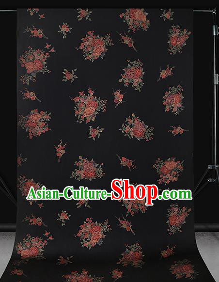 Chinese Classical Peony Pattern Gambiered Guangdong Gauze Brocade Fabric Traditional Cheongsam Black Silk Drapery