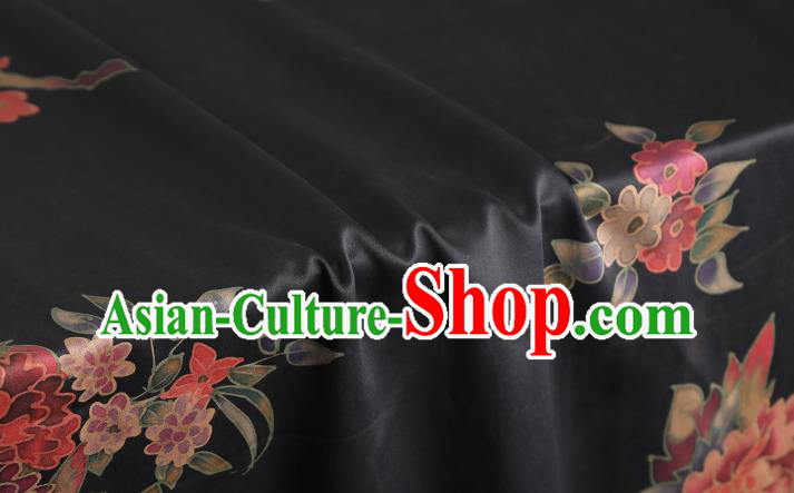 Chinese Classical Peony Pattern Gambiered Guangdong Gauze Brocade Fabric Traditional Cheongsam Black Silk Drapery