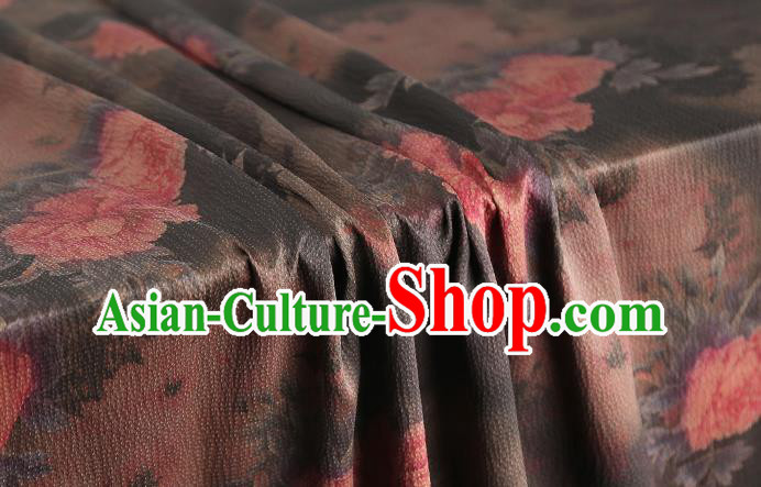Chinese Brown Brocade Fabric Classical Peony Pattern Silk Drapery Traditional Cheongsam Gambiered Guangdong Gauze