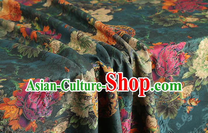 Chinese Dark Green Brocade Fabric Classical Peony Pattern Silk Drapery Traditional Cheongsam Gambiered Guangdong Gauze