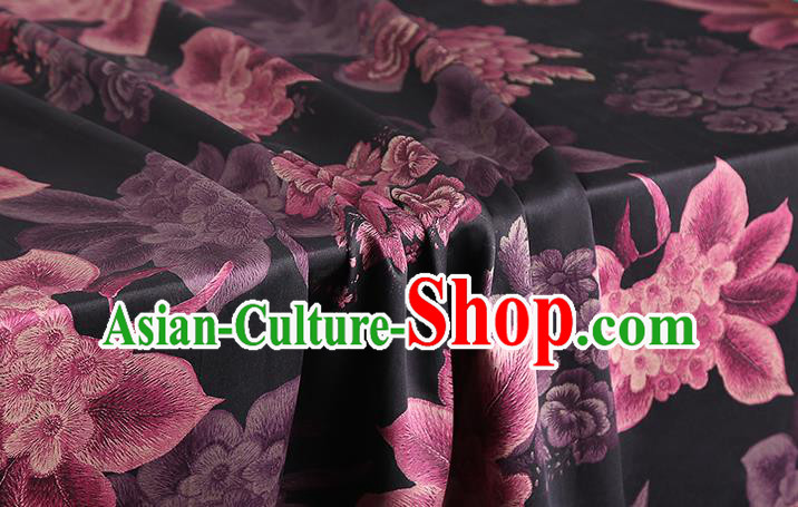 Chinese Traditional Cheongsam Black Brocade Fabric Classical Purple Peony Pattern Silk Drapery