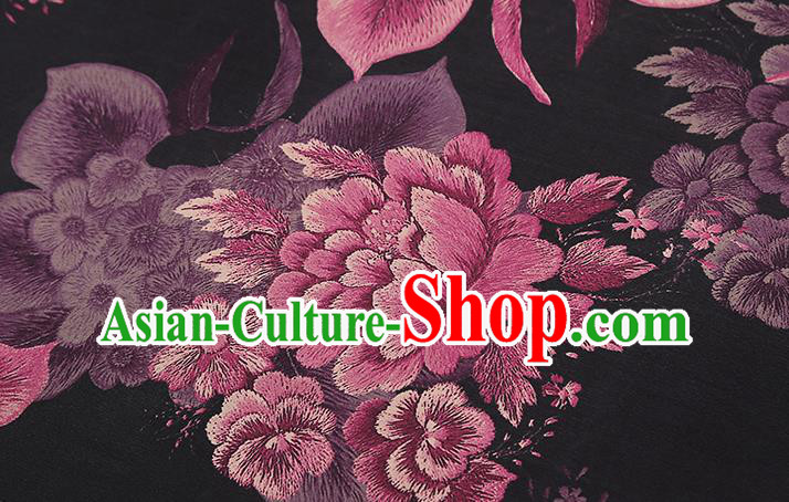 Chinese Traditional Cheongsam Black Brocade Fabric Classical Purple Peony Pattern Silk Drapery