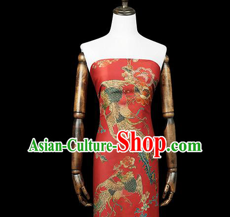 Chinese Traditional Wedding Brocade Fabric Red Satin Classical Phoenix Peony Pattern Silk Drapery
