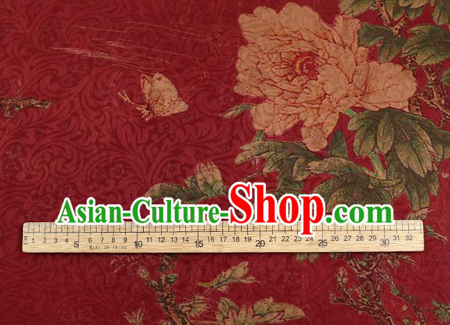 Chinese Traditional Red Brocade Drapery Cheongsam Gambiered Guangdong Gauze Classical Peony Pattern Silk Fabric