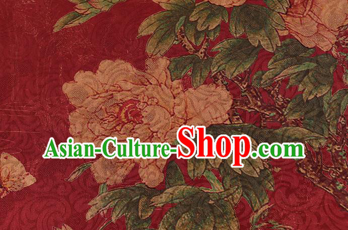 Chinese Traditional Red Brocade Drapery Cheongsam Gambiered Guangdong Gauze Classical Peony Pattern Silk Fabric
