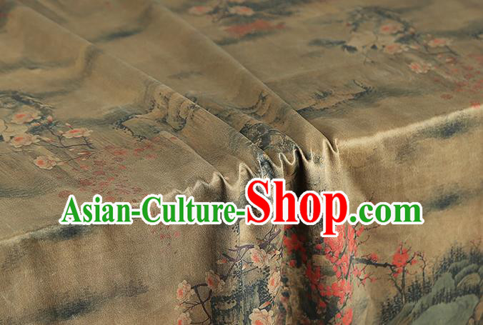 Chinese Cheongsam Silk Fabric Traditional Gambiered Guangdong Gauze Classical Crane Plum Pattern Ginger Brocade Drapery