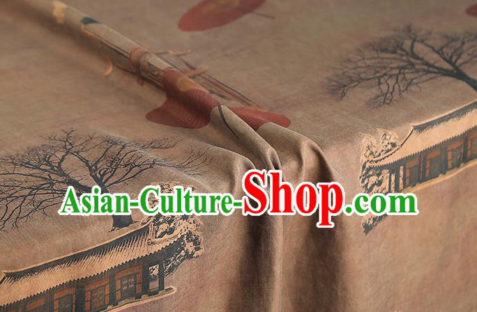 Chinese Traditional Gambiered Guangdong Gauze Classical Umbrella Pattern Brown Brocade Drapery Cheongsam Silk Fabric