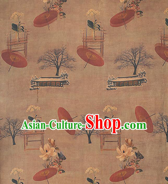 Chinese Traditional Gambiered Guangdong Gauze Classical Umbrella Pattern Brown Brocade Drapery Cheongsam Silk Fabric