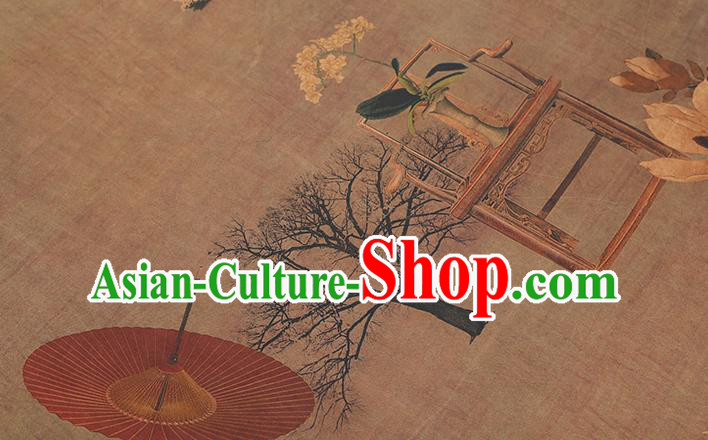Chinese Traditional Gambiered Guangdong Gauze Classical Umbrella Pattern Brown Brocade Drapery Cheongsam Silk Fabric