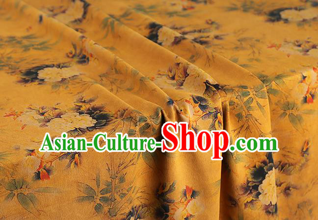 Chinese Cheongsam Silk Fabric Traditional Gambiered Guangdong Gauze Classical Peony Pattern Yellow Brocade Drapery
