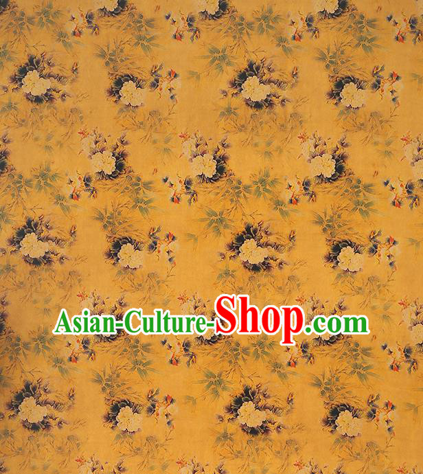 Chinese Cheongsam Silk Fabric Traditional Gambiered Guangdong Gauze Classical Peony Pattern Yellow Brocade Drapery