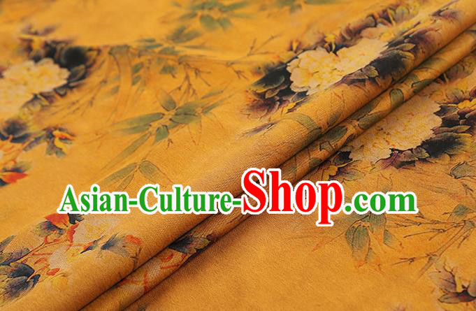 Chinese Cheongsam Silk Fabric Traditional Gambiered Guangdong Gauze Classical Peony Pattern Yellow Brocade Drapery