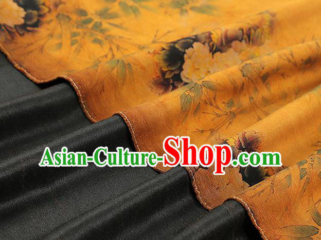 Chinese Cheongsam Silk Fabric Traditional Gambiered Guangdong Gauze Classical Peony Pattern Yellow Brocade Drapery
