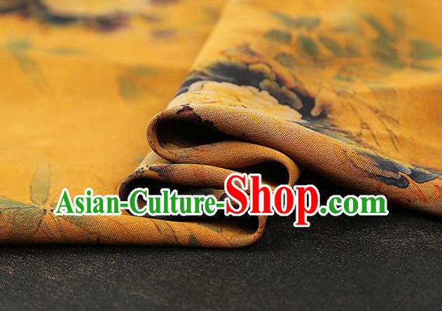 Chinese Cheongsam Silk Fabric Traditional Gambiered Guangdong Gauze Classical Peony Pattern Yellow Brocade Drapery