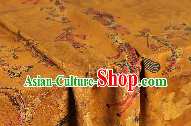 Chinese Traditional Yellow Gambiered Guangdong Gauze Classical Shadow Puppetry Pattern Brocade Drapery Cheongsam Silk Fabric
