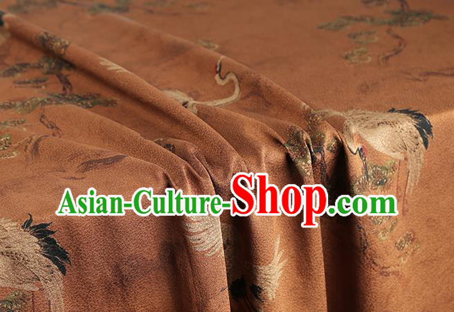 Chinese Classical Pine Crane Pattern Gambiered Guangdong Gauze Silk Drapery Traditional Cheongsam Brown Brocade Fabric