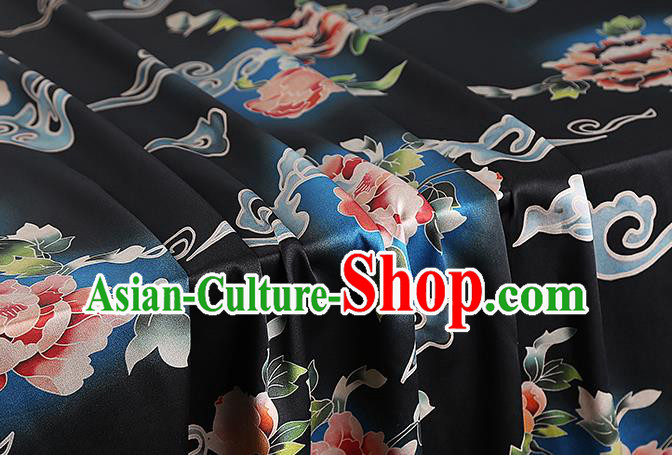 Chinese Silk Drapery Traditional Cheongsam Brocade Fabric Classical Peony Pattern Black Gambiered Guangdong Gauze