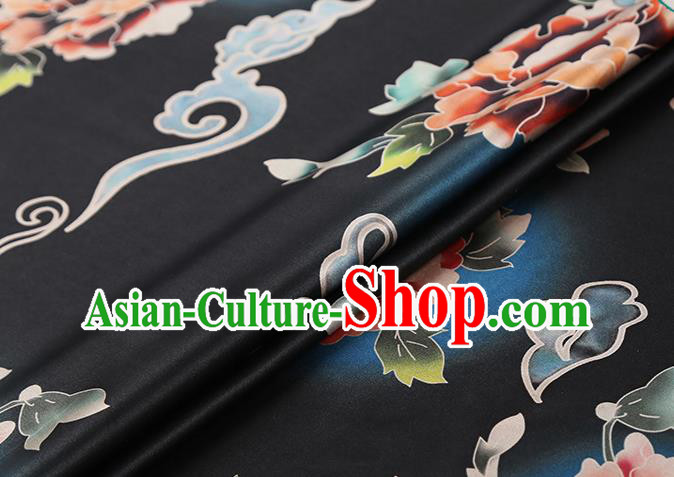 Chinese Silk Drapery Traditional Cheongsam Brocade Fabric Classical Peony Pattern Black Gambiered Guangdong Gauze