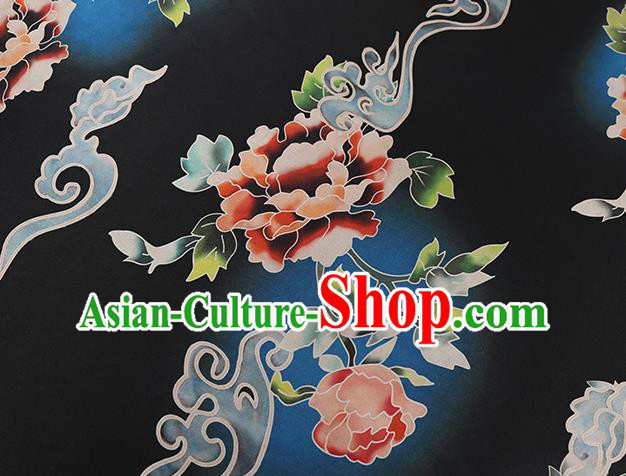 Chinese Silk Drapery Traditional Cheongsam Brocade Fabric Classical Peony Pattern Black Gambiered Guangdong Gauze