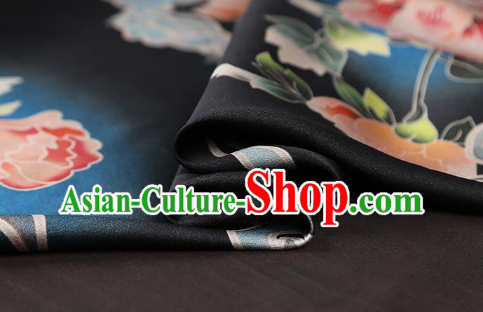 Chinese Silk Drapery Traditional Cheongsam Brocade Fabric Classical Peony Pattern Black Gambiered Guangdong Gauze