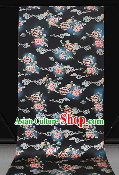 Chinese Silk Drapery Traditional Cheongsam Brocade Fabric Classical Peony Pattern Black Gambiered Guangdong Gauze