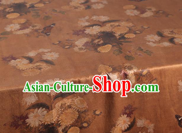 Chinese Classical Chrysanthemum Pattern Brown Silk Drapery Gambiered Guangdong Gauze Traditional Cheongsam Brocade Fabric