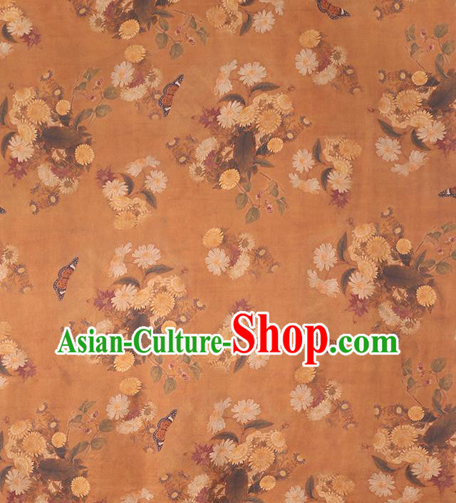 Chinese Classical Chrysanthemum Pattern Brown Silk Drapery Gambiered Guangdong Gauze Traditional Cheongsam Brocade Fabric