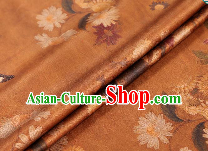 Chinese Classical Chrysanthemum Pattern Brown Silk Drapery Gambiered Guangdong Gauze Traditional Cheongsam Brocade Fabric