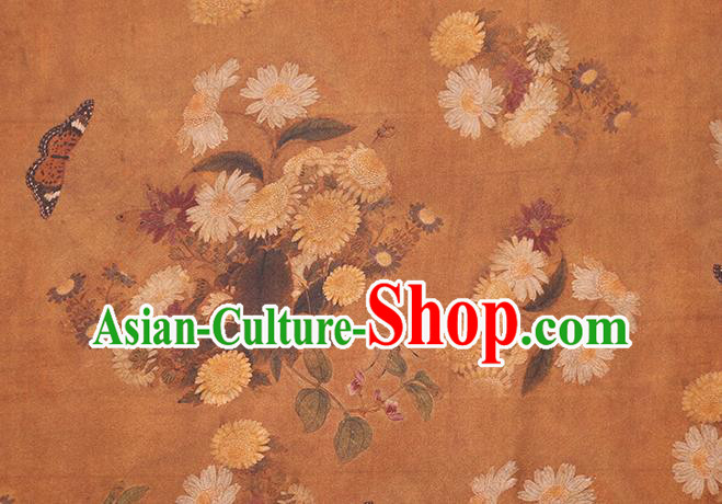 Chinese Classical Chrysanthemum Pattern Brown Silk Drapery Gambiered Guangdong Gauze Traditional Cheongsam Brocade Fabric