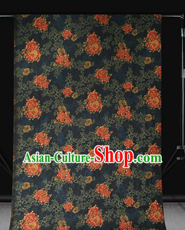 Chinese Classical Peony Pattern Navy Silk Drapery Traditional Cheongsam Brocade Fabric Gambiered Guangdong Gauze