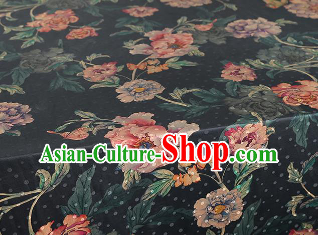 Chinese Traditional Peony Pattern Black Silk Drapery Classical Gambiered Guangdong Gauze Cheongsam Brocade Fabric