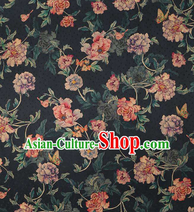 Chinese Traditional Peony Pattern Black Silk Drapery Classical Gambiered Guangdong Gauze Cheongsam Brocade Fabric