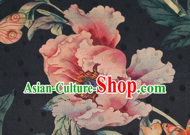 Chinese Traditional Peony Pattern Black Silk Drapery Classical Gambiered Guangdong Gauze Cheongsam Brocade Fabric