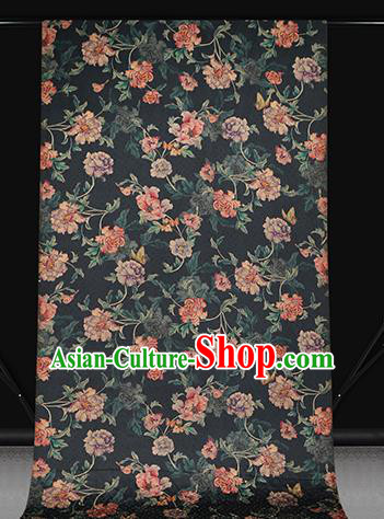 Chinese Traditional Peony Pattern Black Silk Drapery Classical Gambiered Guangdong Gauze Cheongsam Brocade Fabric