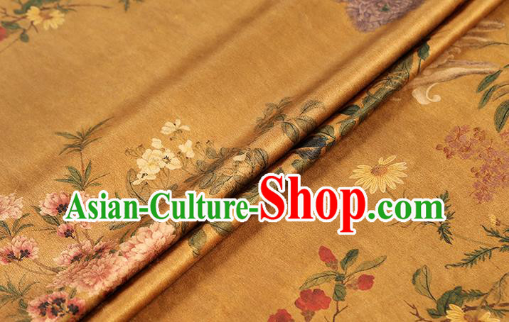 Chinese Classical Gambiered Guangdong Gauze Cheongsam Brocade Fabric Traditional Flowers Pattern Ginger Silk Drapery