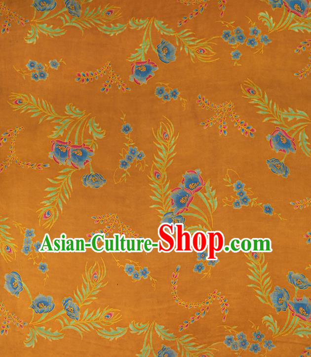 Chinese Traditional Feather Pattern Silk Drapery Cheongsam Orange Brocade Fabric Classical Gambiered Guangdong Gauze