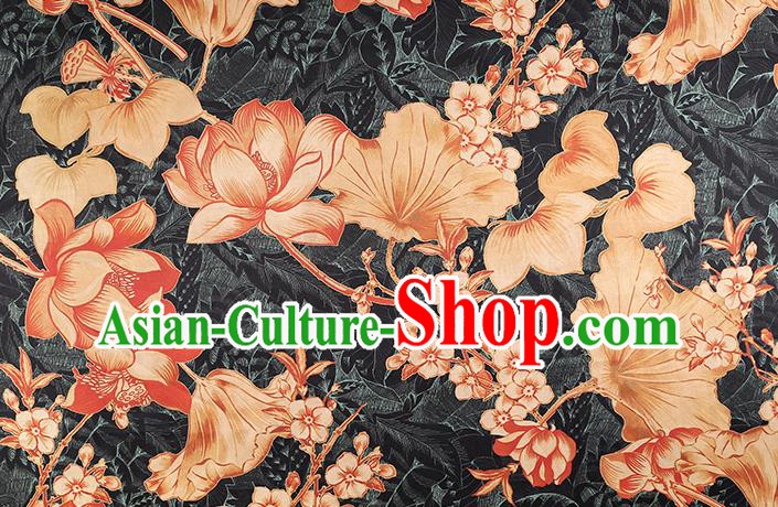 Chinese Cheongsam Black Brocade Fabric Traditional Lotus Pattern Silk Drapery Classical Gambiered Guangdong Gauze