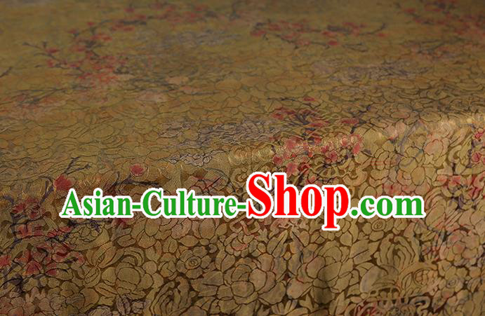 Chinese Classical Golden Gambiered Guangdong Gauze Traditional Plum Blossom Pattern Brocade Fabric Cheongsam Silk Drapery