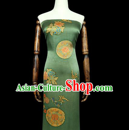 Chinese Cheongsam Green Brocade Fabric Classical Gambiered Guangdong Gauze Traditional Peony Pattern Silk Drapery