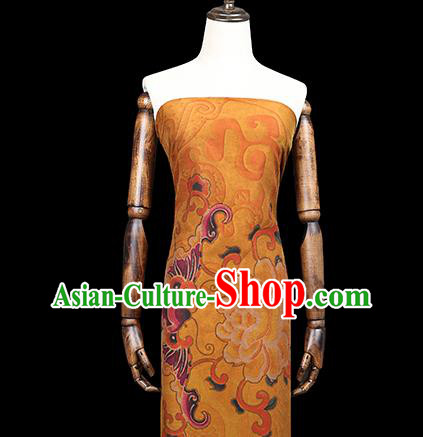 China Traditional Printing Peony Bat Silk Fabric Cheongsam Drapery Classical Yellow Gambiered Guangdong Gauze