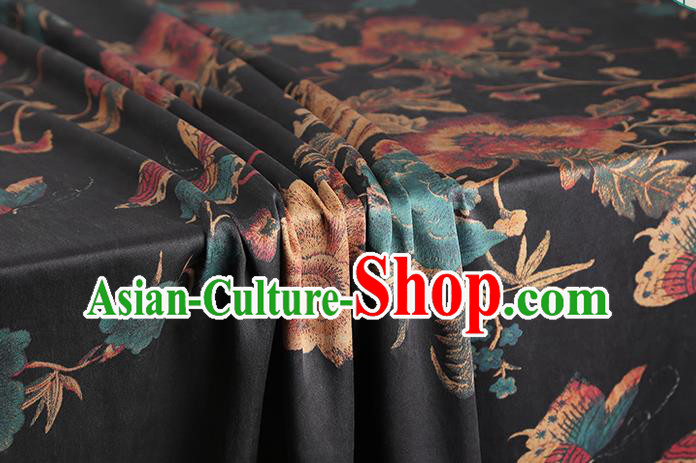 Chinese Classical Peony Butterfly Pattern Silk Drapery Qipao Dress Gambiered Guangdong Gauze Traditional Black Brocade Fabric